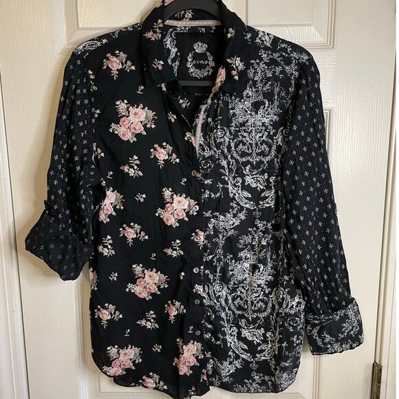 Cino Crinkle Button Up Blouse Long Sleeves Cotton Roll Tabs Sz L Shabby Chic - Picture 3 of 16